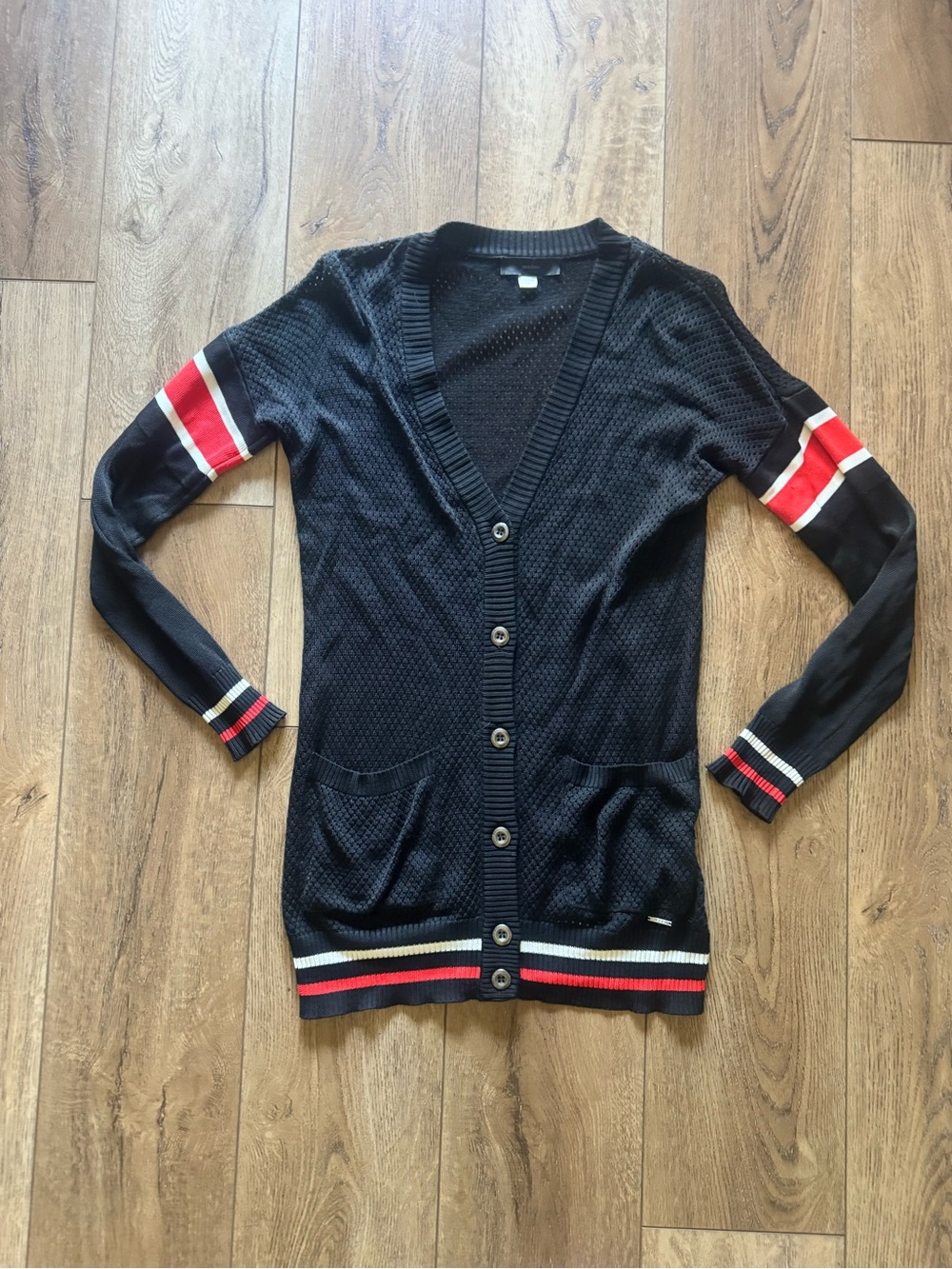 Vintage Diesel Black Cardigan with Red and White Stripe Accents